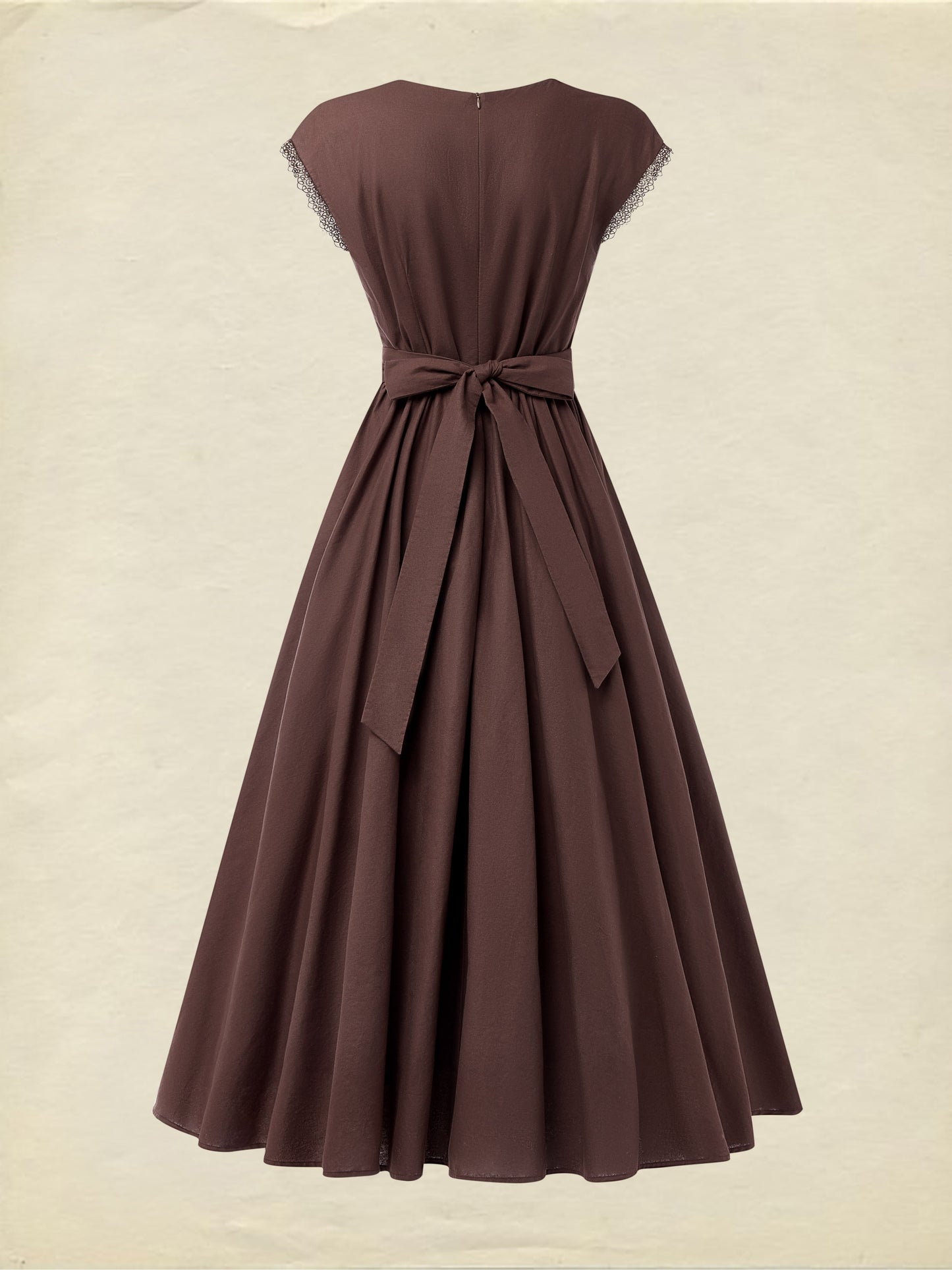 Robe longue en lin, manches courtes, col en dentelle, unie, vintage, BRUN CAMÉE