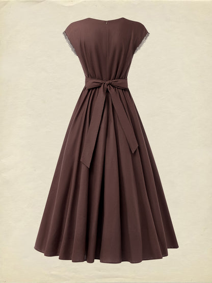 Robe longue en lin, manches courtes, col en dentelle, unie, vintage, BRUN CAMÉE
