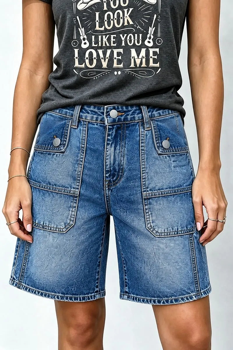 Wash Flap Decor Stitch Detail Mid Waist Denim Bermuda Shorts Without Belt