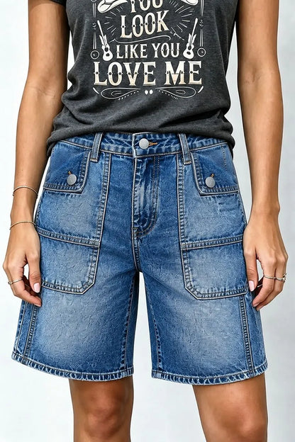 Wash Flap Decor Stitch Detail Mid Waist Denim Bermuda Shorts Without Belt