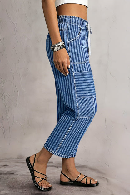 Striped Patch Pocket Drawstring Mid Rise Straight Leg Crop Jeans