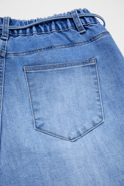 Patch Pocket Button Hem Belted Elastic Waistband Mid Rise Straight Leg Crop Jeans