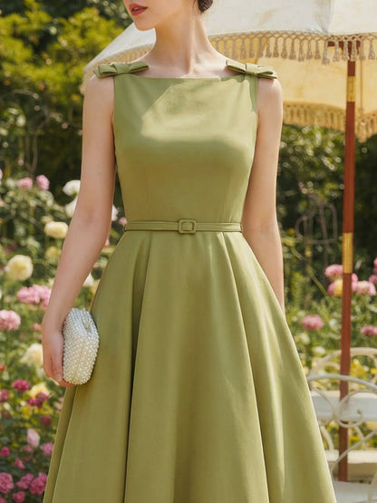 Robe Midi en Lin, Sans Manches, Col Bateau, Unie, Nœud, Style Vintage Français, Verte