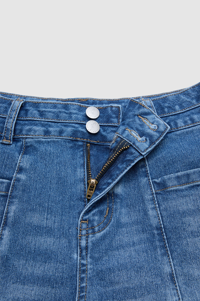 Wash Raw Hem Patched Pocket High Waist Denim Mid Thigh Shorts