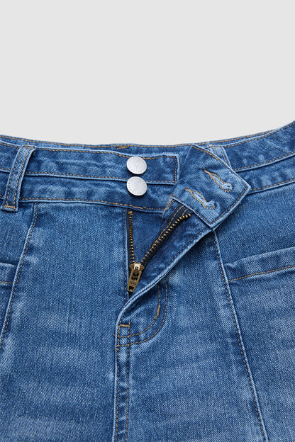 Wash Raw Hem Patched Pocket High Waist Denim Mid Thigh Shorts