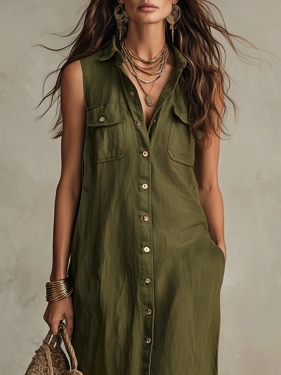Robe-chemise longue boutonnée bohème olive sans effort