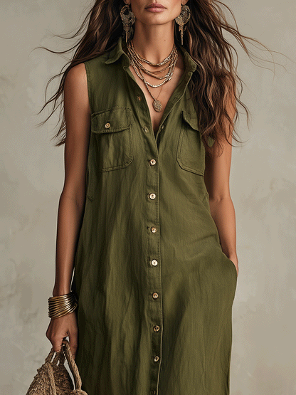 Robe-chemise longue boutonnée bohème olive sans effort