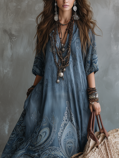 Robe longue cachemire bohème bleue