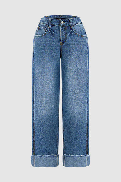 Wash Seam Front Roll Raw Hem Mid Rise Straight Leg Crop Jeans Without Belt