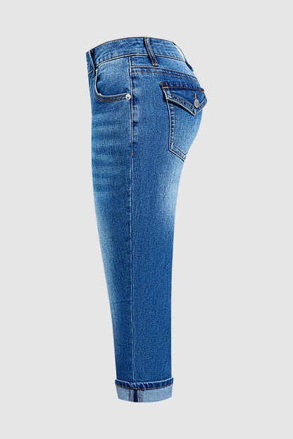 Wash Roll Hem Flap Pocket Mid Waist Straight Leg Capri Jeans