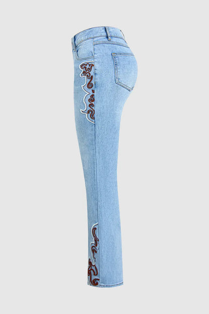 Wash Baroque Embroidery Side Mid Waist Bootcut Jeans