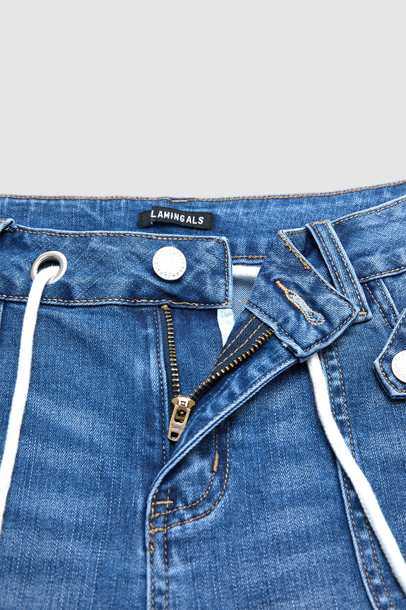 Wash Ripped Roll Hem Drawstring Mid Rise Denim Shorts