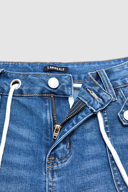 Wash Ripped Roll Hem Drawstring Mid Rise Denim Shorts