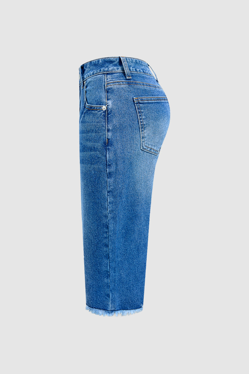 Raw Hem Ripped High Waist Denim Bermuda Shorts