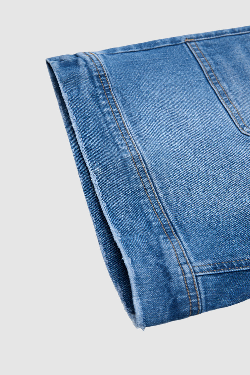Wash Split Mid Waist Denim Mid Thigh Shorts Without Belt