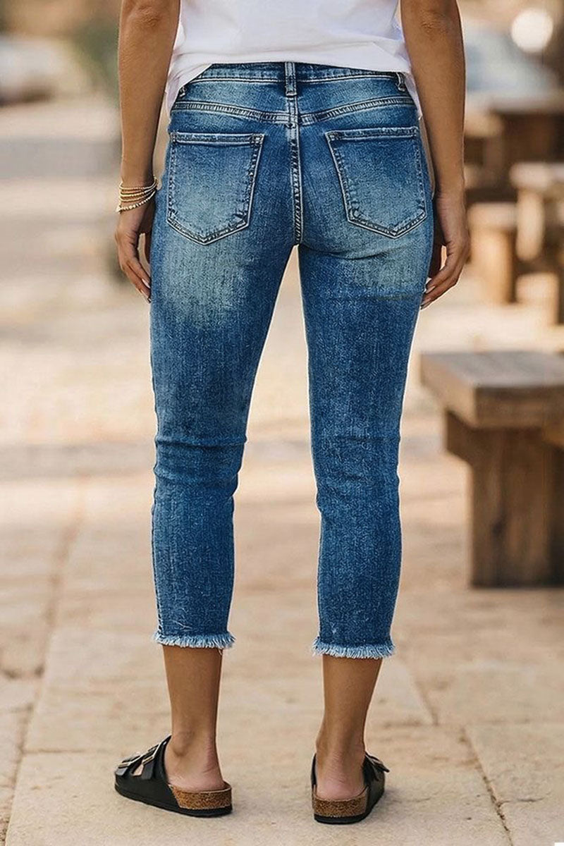 Wash American Flag Pattern Ripped Raw Hem Mid Rise Capri Skinny Jeans