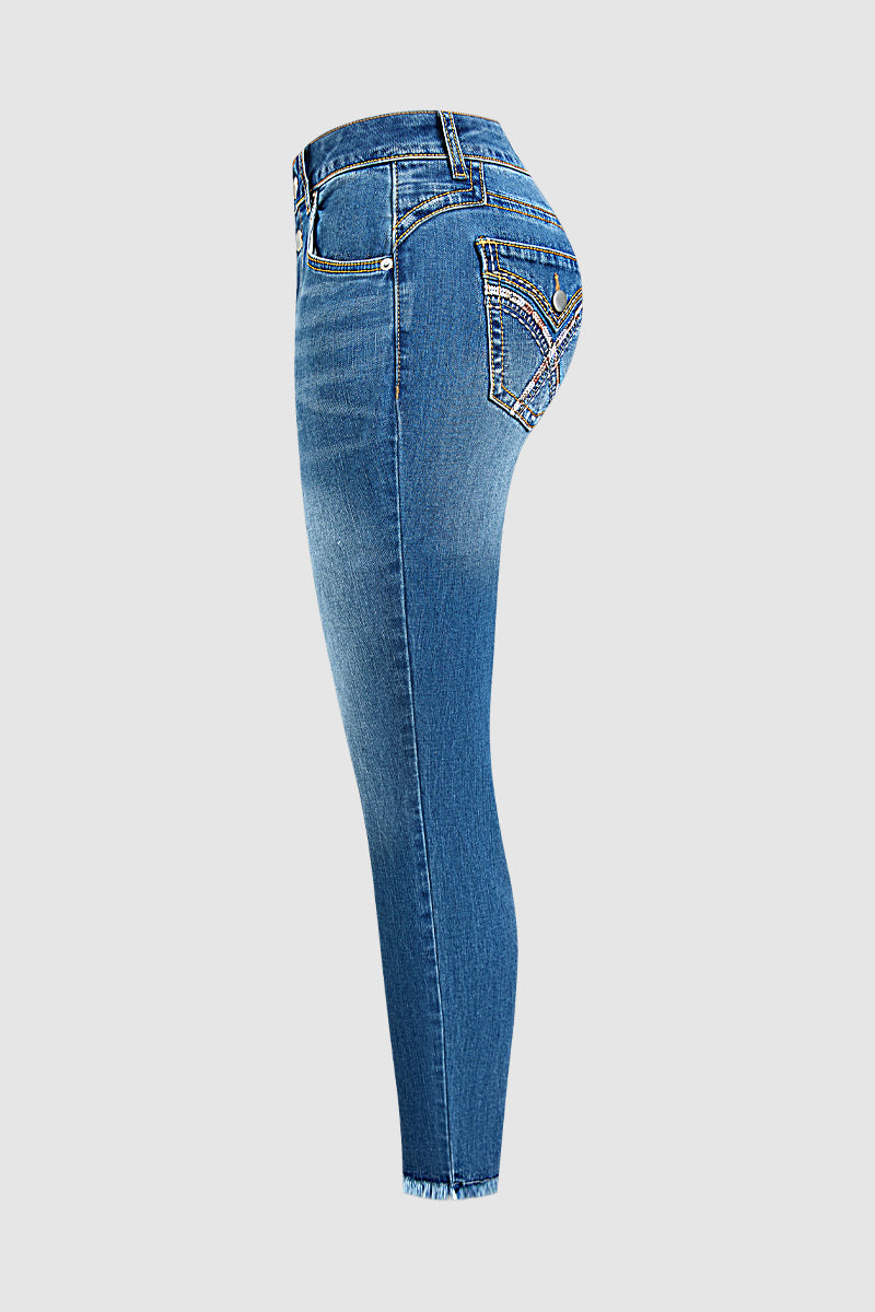 Wash Embroidery Back Raw Hem Mid Waist Cropped Skinny Jeans