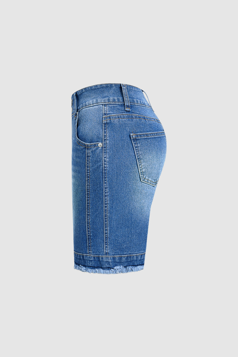 Wash Raw Hem Dual Button Mid Rise Mid Thigh Denim Shorts