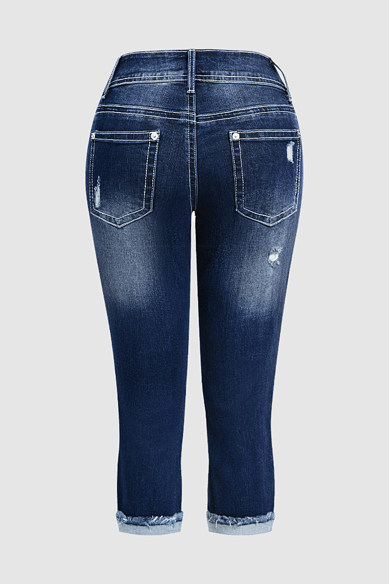 Ripped Roll Hem Dual Button Mid Rise Capri Skinny Jeans