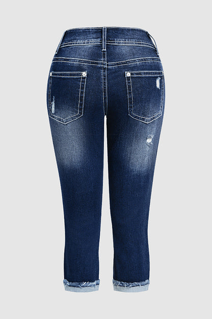 Ripped Roll Hem Dual Button Mid Rise Capri Skinny Jeans