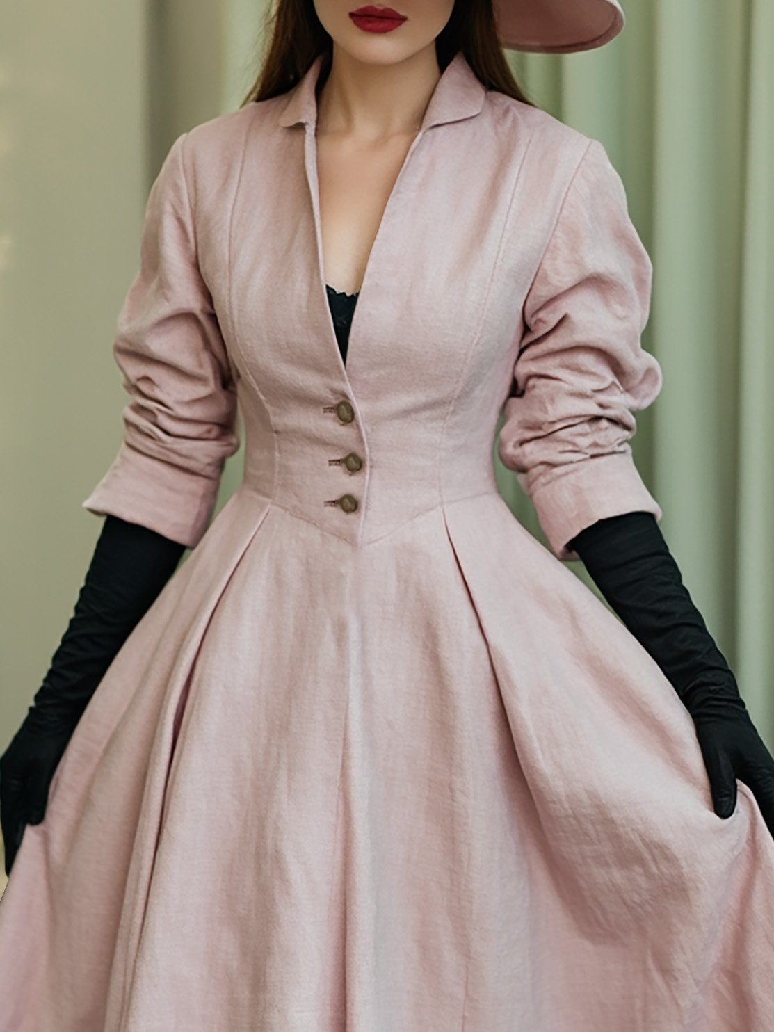 Robe midi en lin, manches longues, col en V, unie, boutonnée, style vintage français, rose clair