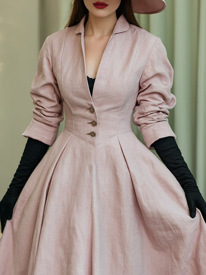 Robe midi en lin, manches longues, col en V, unie, boutonnée, style vintage français, rose clair