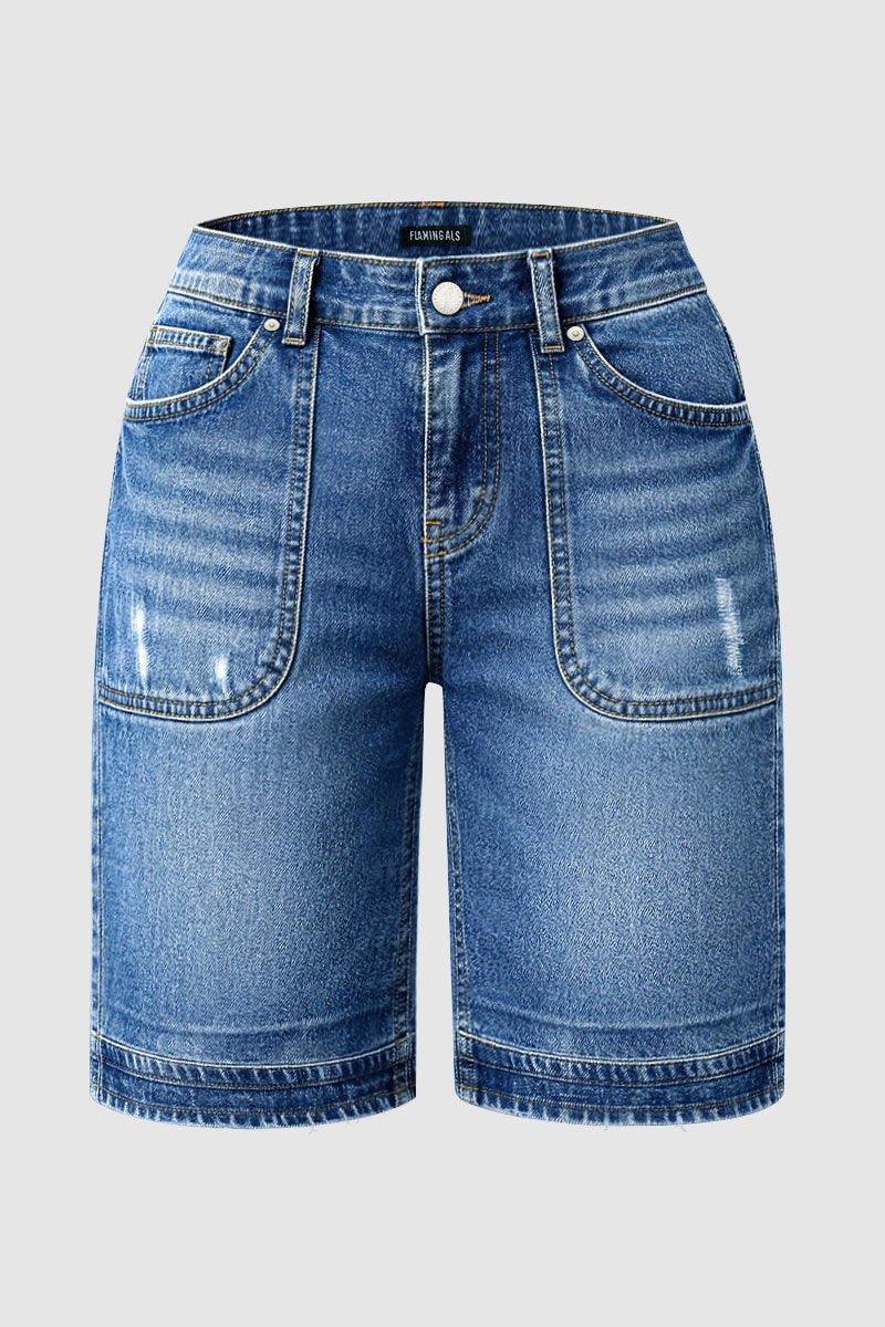 Wash Ripped Mid Waist Denim Bermuda Shorts Without Belt