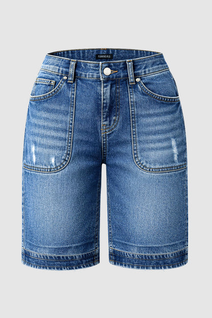 Wash Ripped Mid Waist Denim Bermuda Shorts Without Belt