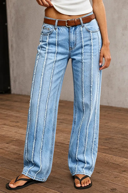 Wash Stitch Detail Mid Waist Straight Leg Jeans Without Belt