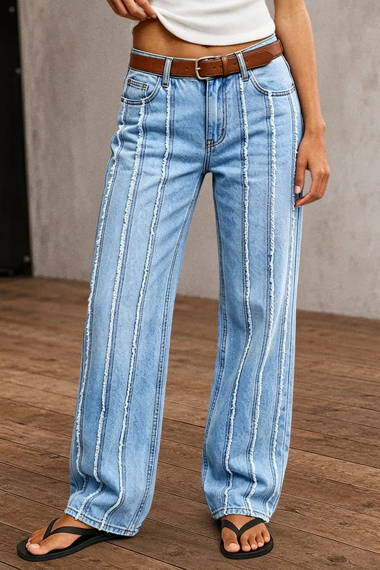 Wash Stitch Detail Mid Waist Straight Leg Jeans Without Belt