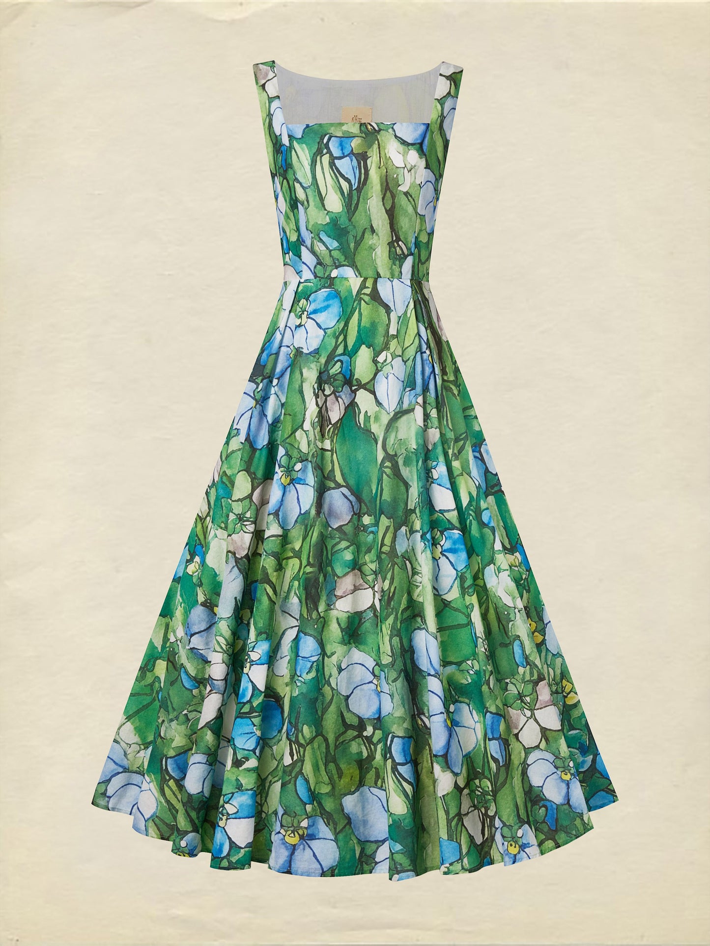 Robe longue en lin, sans manches, col carré, florale, vitraux d'église, vacances, vintage, verte