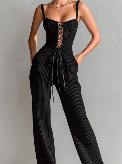Chic Elegant Black Square Neck Sleeveless Lace-Up Details Tailored Waist Wide-Leg Ribbed Knit Jumpsuit