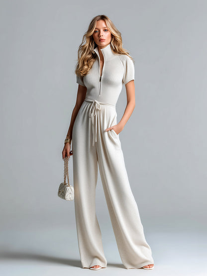 Chic Elegant Beige Stand Collar Zipper-Front Short-Sleeve Tailored Waist Belted Wide-Leg Knit Jumpsuit