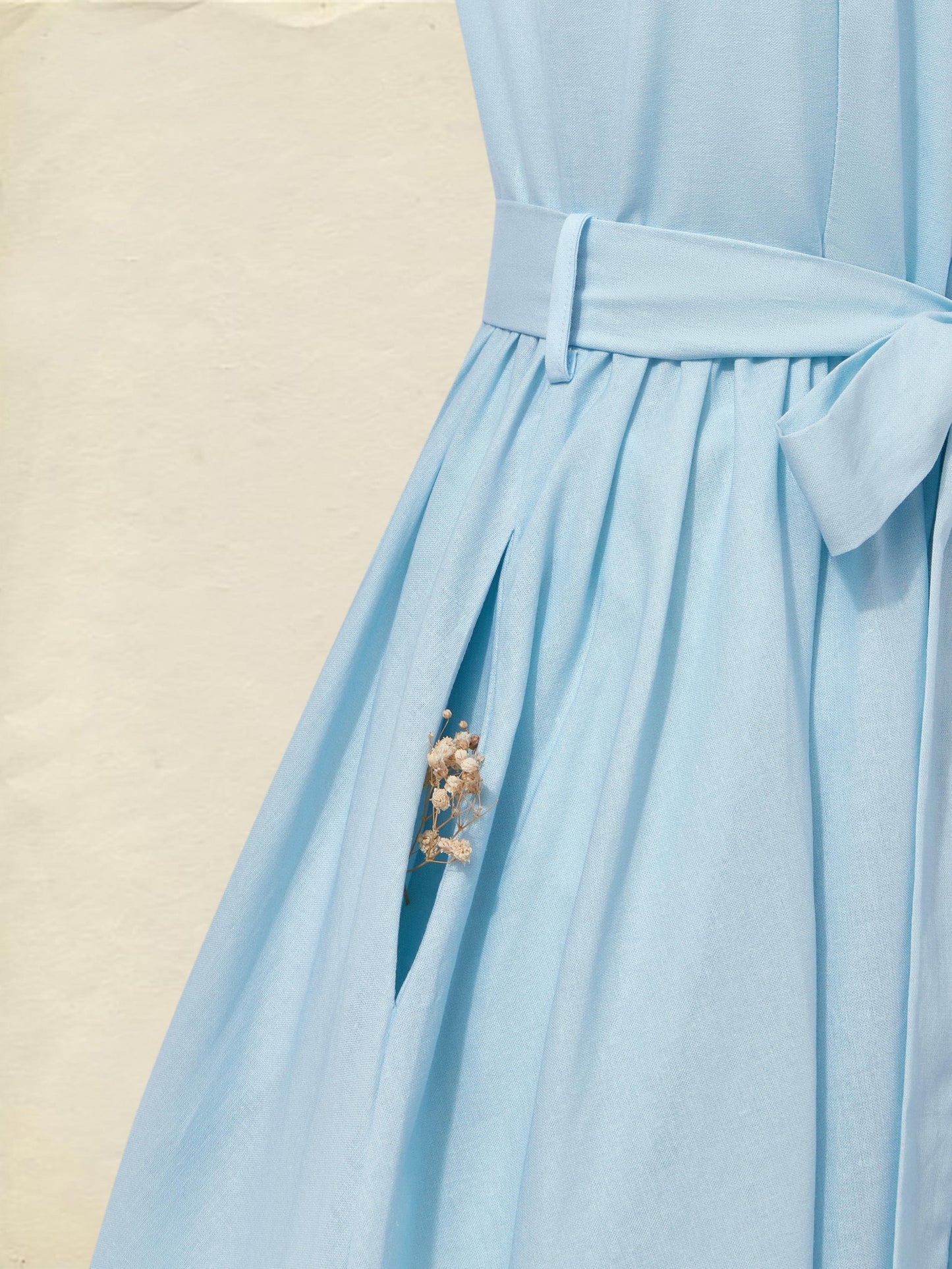 Robe longue en lin, sans manches, col rond, motif floral, boutonnée, style vintage français, bleu ciel
