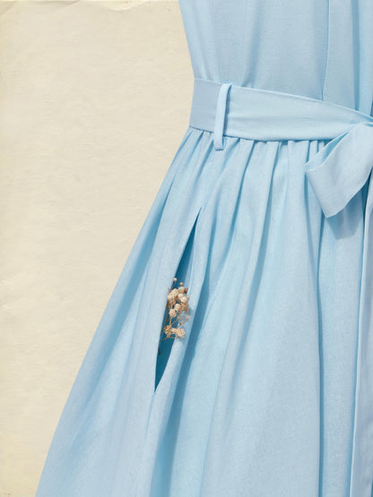 Robe longue en lin, sans manches, col rond, motif floral, boutonnée, style vintage français, bleu ciel