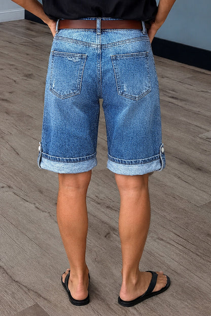 Ripped Seam Front Roll Hem Mid Rise Denim Bermuda Shorts Without Belt