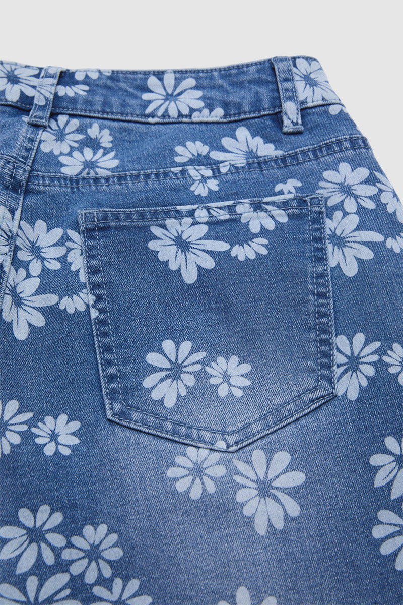 Floral Pattern Ruffle Stitch Detail Mid Waist Wide Leg Crop Jeans