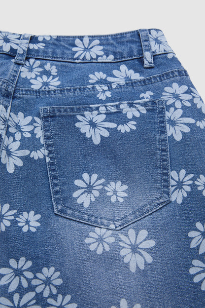 Floral Pattern Ruffle Stitch Detail Mid Waist Wide Leg Crop Jeans