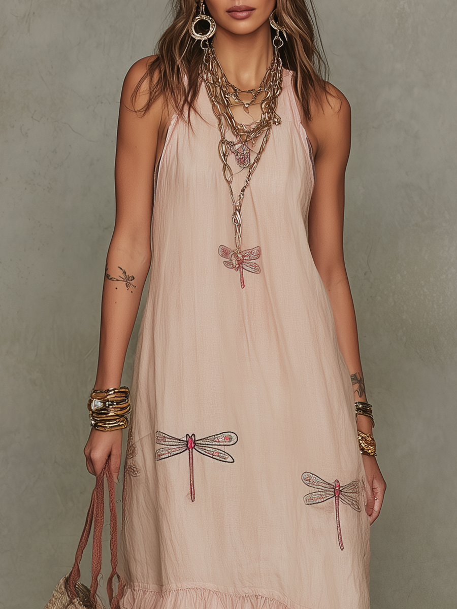 Robe Bohème Brodé Libellule Vintage