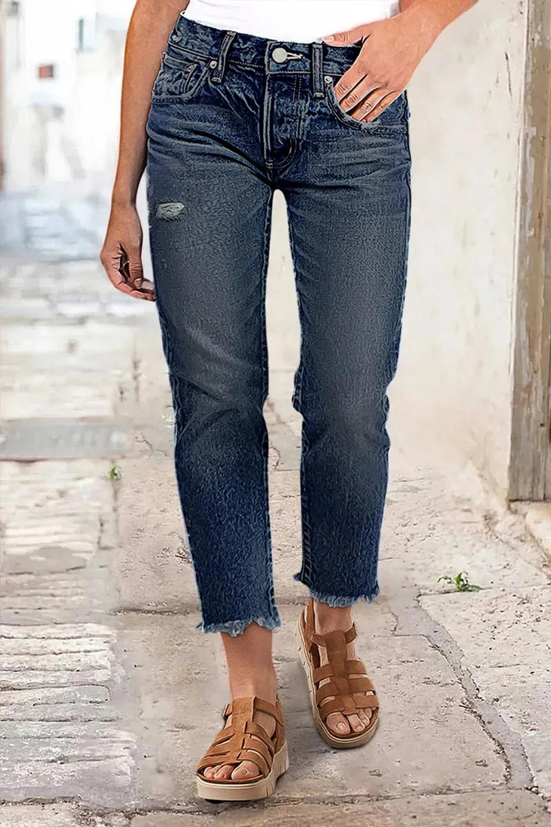 Raw Hem Ripped Mid Rise Straight Leg Crop Jeans
