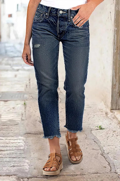 Raw Hem Ripped Mid Rise Straight Leg Crop Jeans