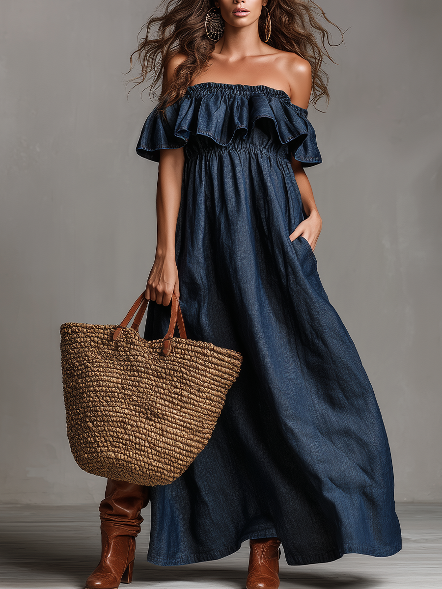 Robe longue maxi décontractée à volants et épaules dénudées