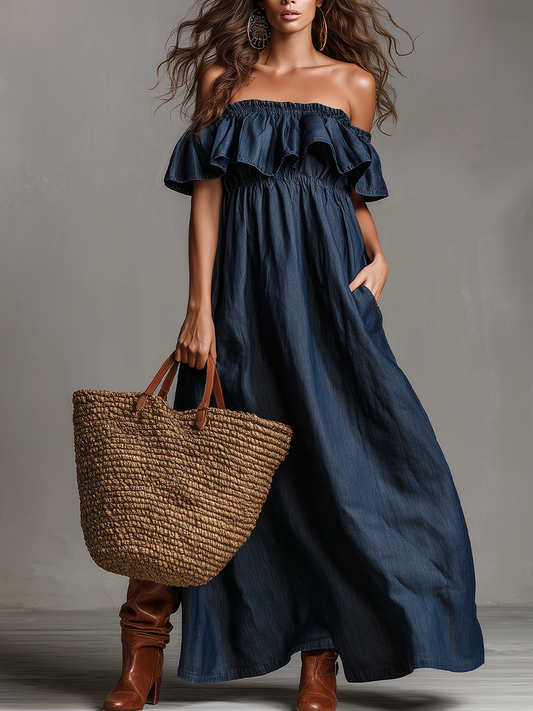 Robe longue maxi décontractée à volants et épaules dénudées
