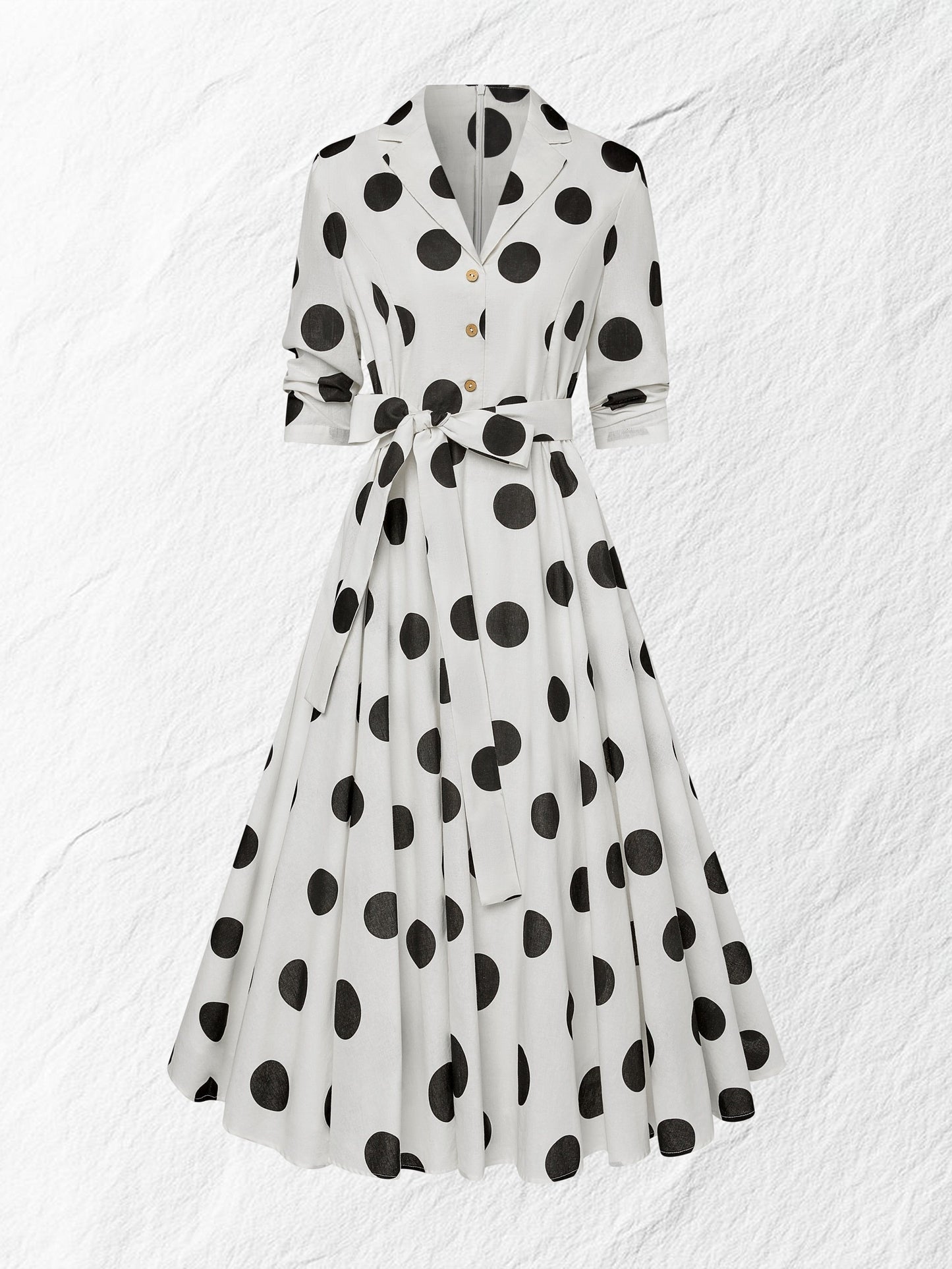 Robe midi en coton, manches mi-longues, col châle, à pois, boutonnée, style vintage français, blanche