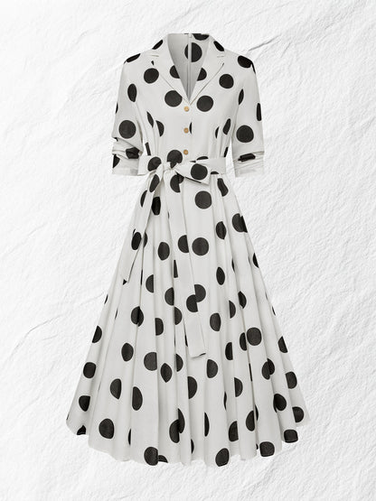 Robe midi en coton, manches mi-longues, col châle, à pois, boutonnée, style vintage français, blanche