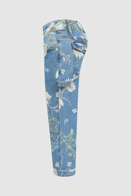 Floral Print Flap Pocket Mid Waist Barrel Leg Capri Jeans