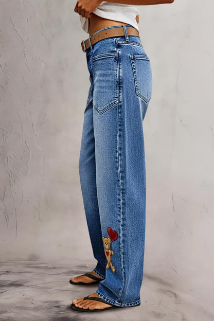 Valentine's Day Pattern Embroidered Patch Pocket Mid Rise Straight Leg Jeans Without Belt