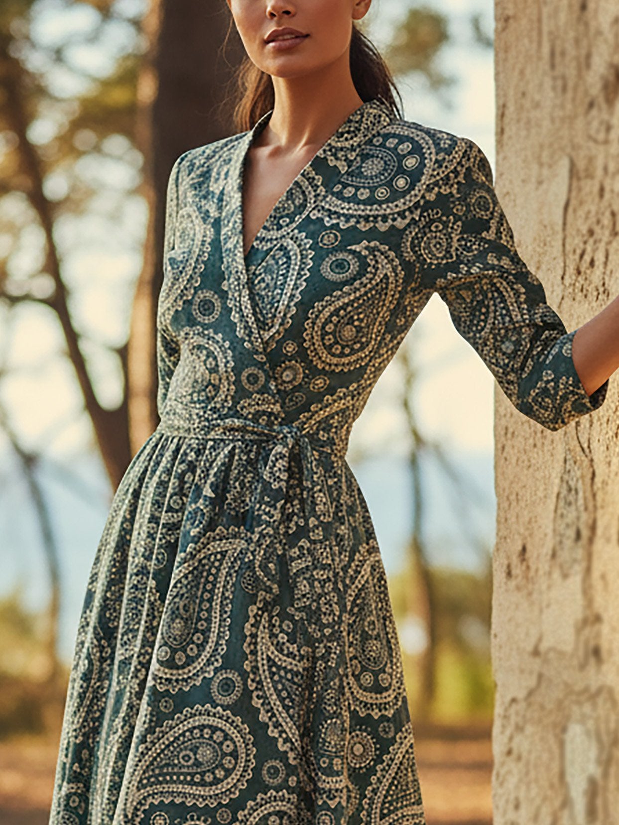 Robe longue en lin, Manches mi-longues, Col en V, Motif cachemire, Ceinture, Vintage, Cyan