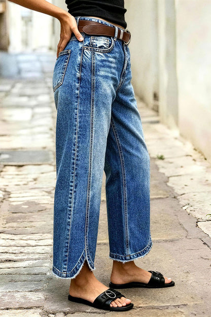 Wash Raw Hem Split Mid Waist Wide Leg Cropped Jeans Without Belt
