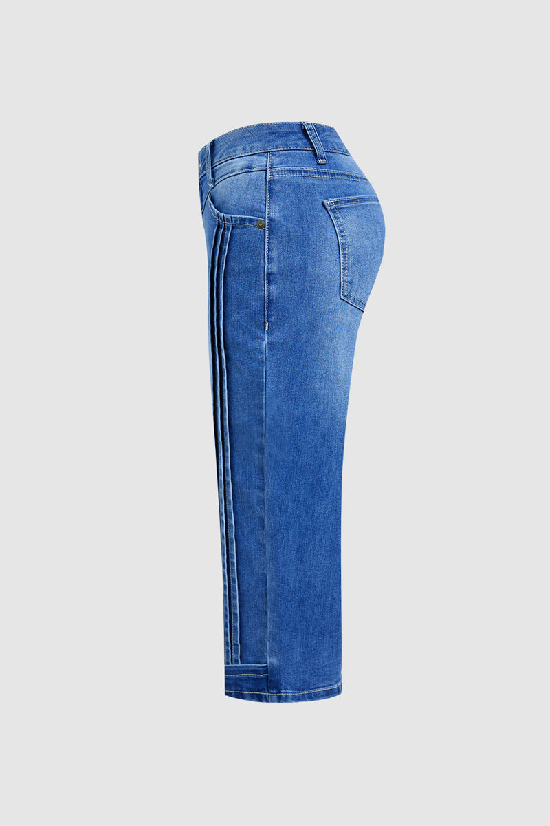 Wash Stitch Detail Mid Waist Straight Leg Capri Jeans Without Belt